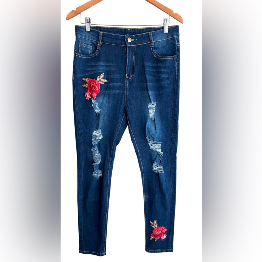 Distressed Blue Jeans with Rose Embroidered Patches